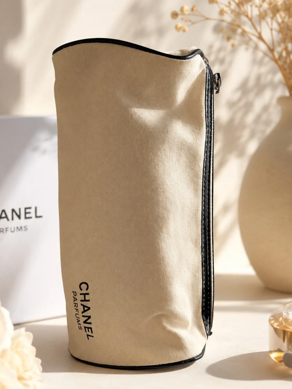 CHANEL Beige Canvas Parfum Pouch with Black Trim